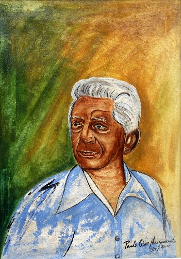 Retrato do artista Laurimar leal em tela de têmpera. A imagem tem tons fortes de amarelo e verde, e Laurimar está no centro da tela, olhando para o horizonte.